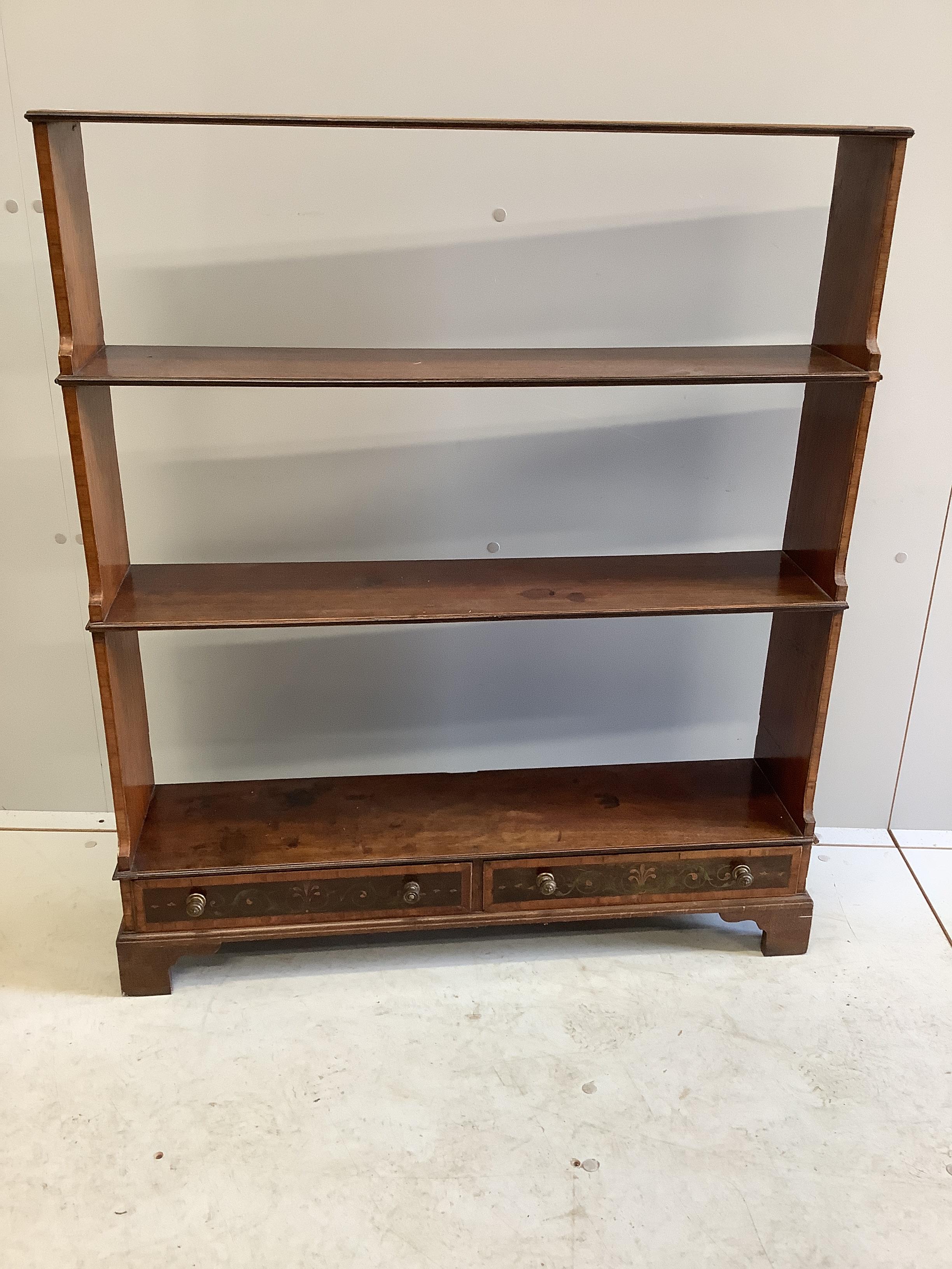 An Edwardian painted mahogany open dwarf bookcase, width 86cm, depth 22cm, height 100cm